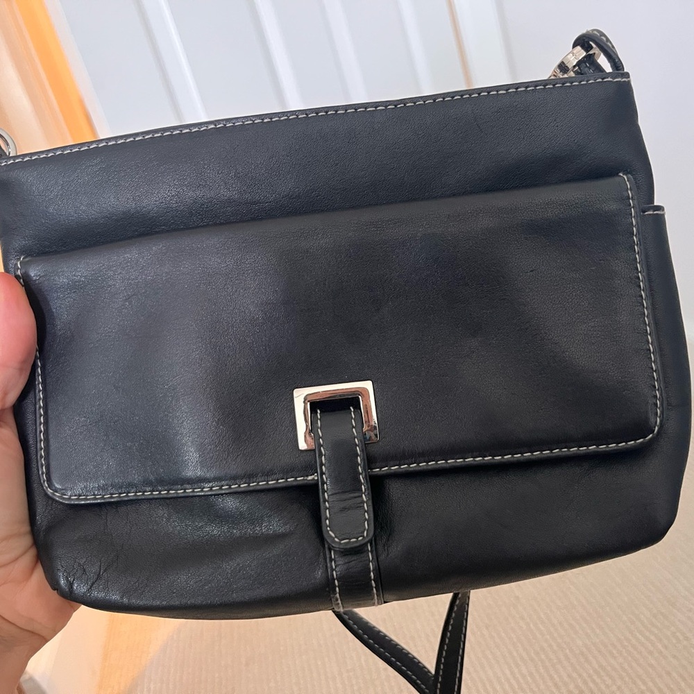 Elegant Black Leather crossbody Bag with white stitching blue inside lining